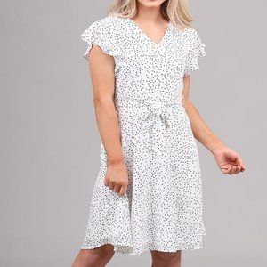 White polka dot midi dress, short sleeves (Hadley)